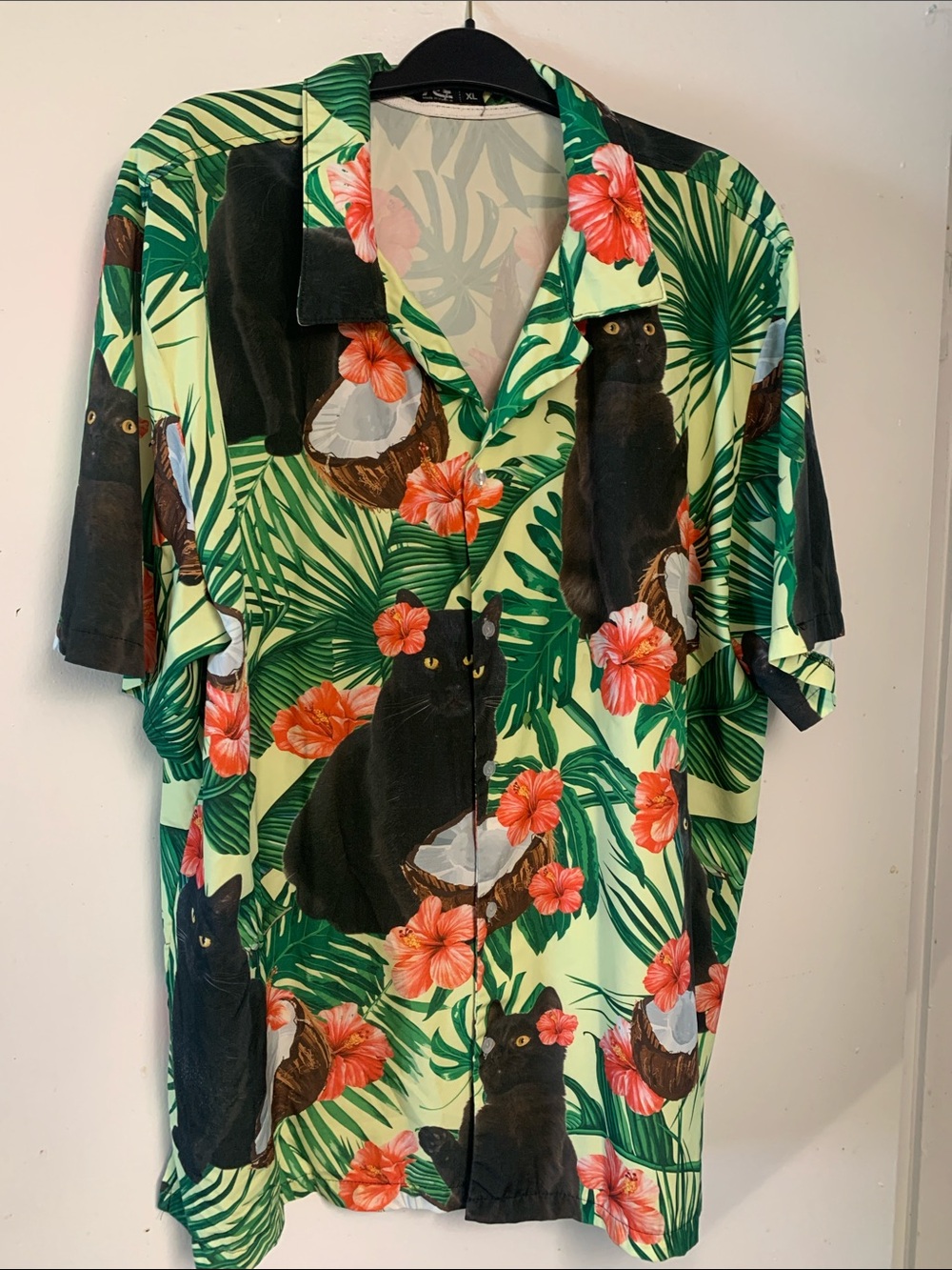 Men's Green Tropical Cat Print Short-Sleeve Button-Down Shirt